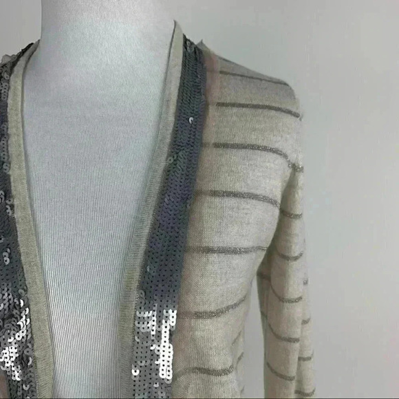 Ann Taylor petites sweater sz MP silver gray metallic 47% wool striped cardigan - Picture 2 of 9
